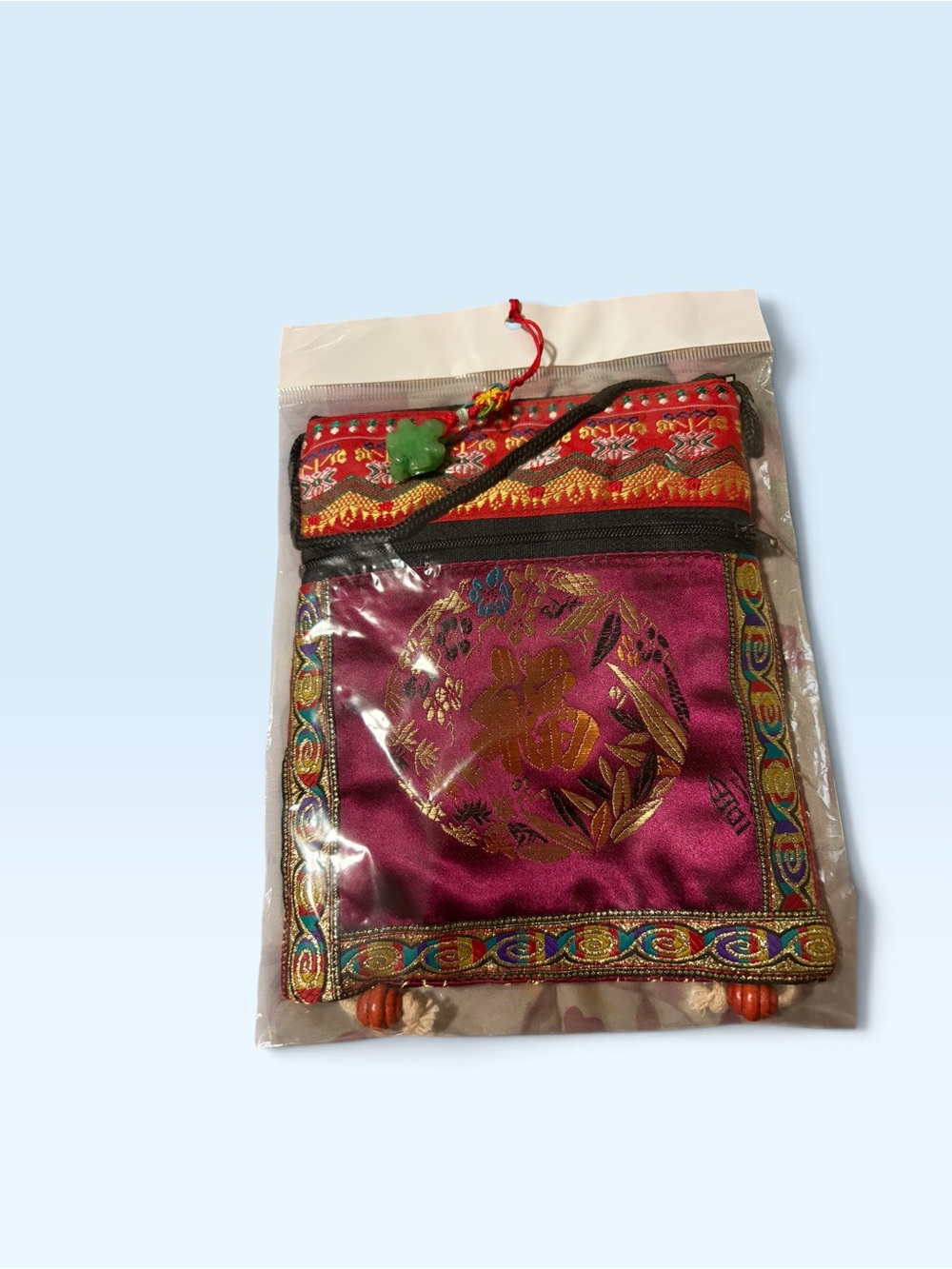 Embroidered Fuchsia Satin Crossbody Bag with Multicolor Trim